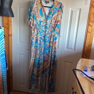 MSK NWT Boho 100% Rayon Short Sleeve Vneck Drawstring waist Hi-Lo Maxi Dress Lg
